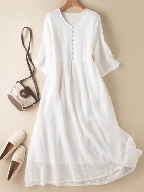 Women's Literary Retro Dress, V-Neck, Plain, Medium Sleeves
