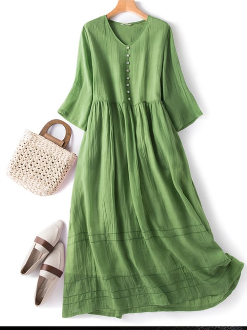 Women's Literary Retro Dress, V-Neck, Plain, Medium Sleeves
