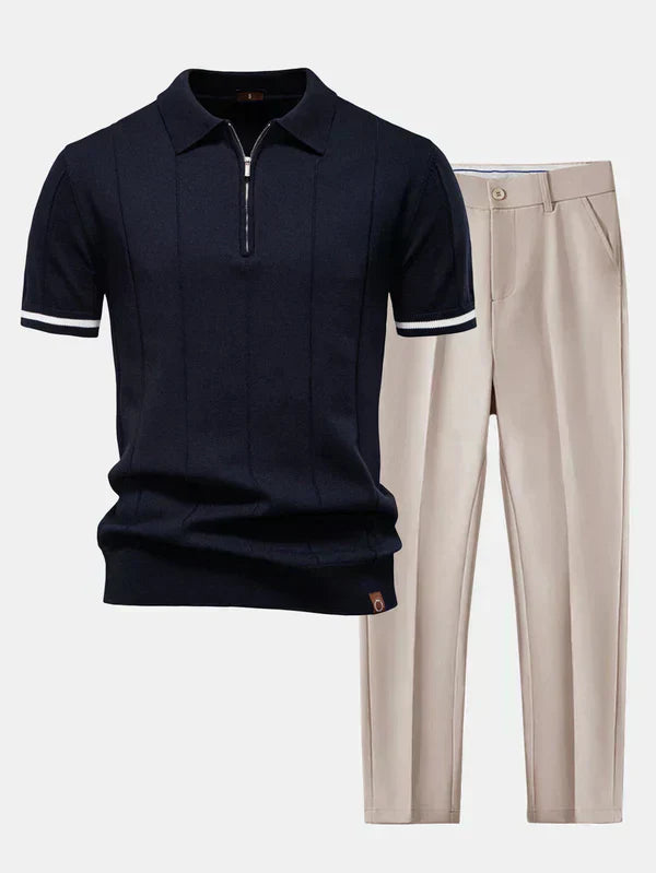 Knitted polo shirt and slim tapered pants