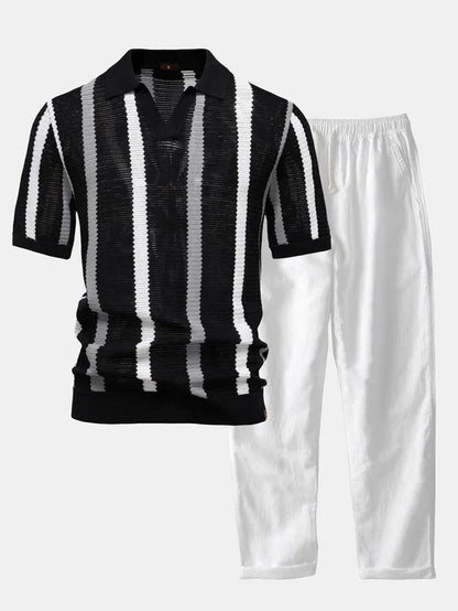 Striped knit V-neck polo shirt and cotton linen pants