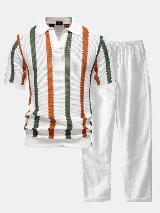 Striped knit V-neck polo shirt and cotton linen pants