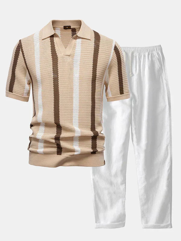 Striped knit V-neck polo shirt and cotton linen pants