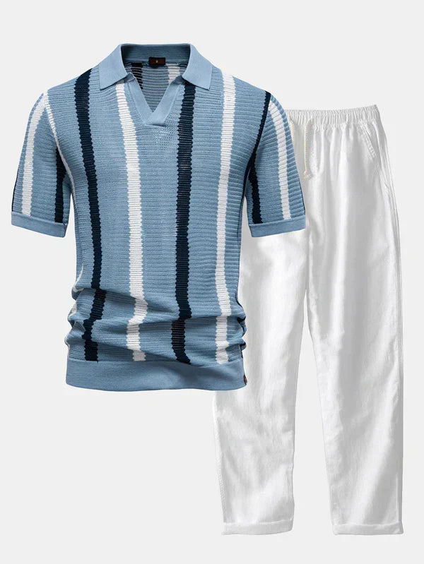 Striped knit V-neck polo shirt and cotton linen pants