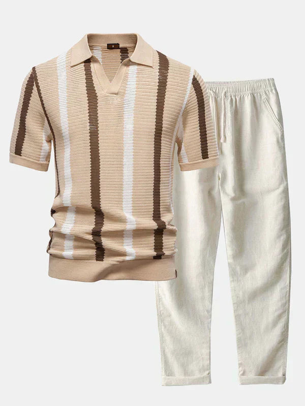 Striped knit V-neck polo shirt and cotton linen pants