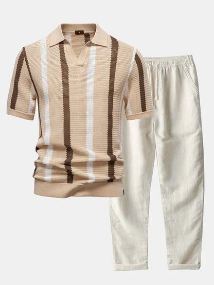 Striped knit V-neck polo shirt and cotton linen pants