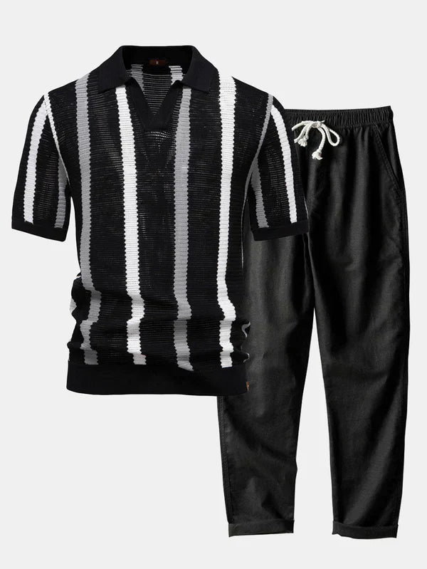 Striped knit V-neck polo shirt and cotton linen pants