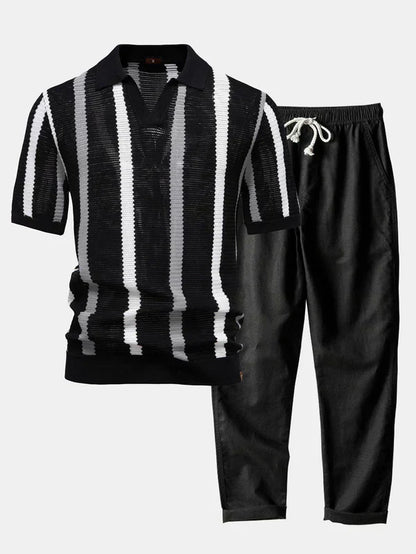Striped knit V-neck polo shirt and cotton linen pants
